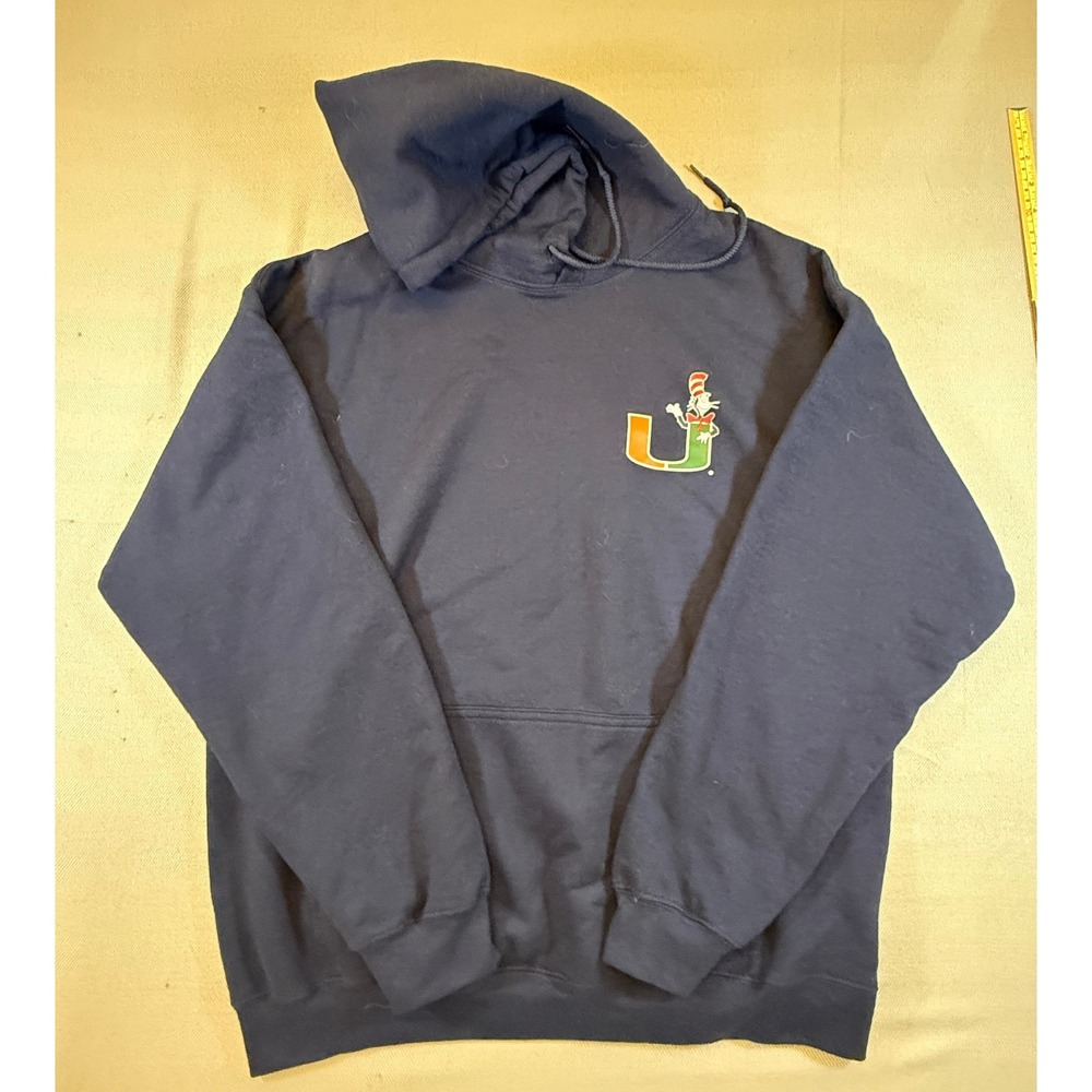 University of Miami Hurricanes Dr Seuss Cat in the Hat Hoodie Navy Blue 2023 L